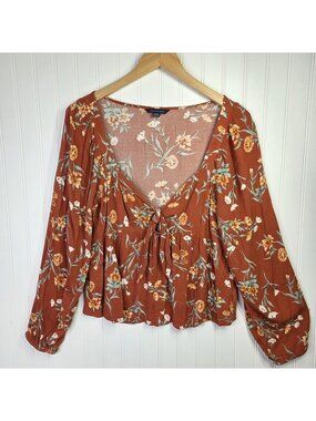 American Eagle Top Womens Large Brown Floral Tie Front Boho Festive Babydoll
